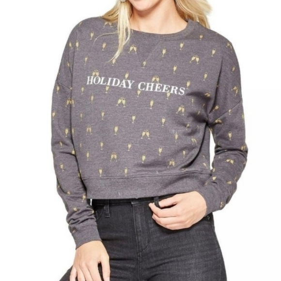 Fifth Sun Holiday Cheers Champagne Sweatshirt Gray L - Picture 1 of 8